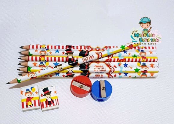 45 Kits Lápis, Borracha e Apontador Personalizado Circo
