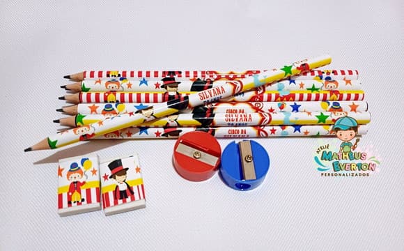 40 Kits Lápis, Borracha e Apontador Personalizado Circo
