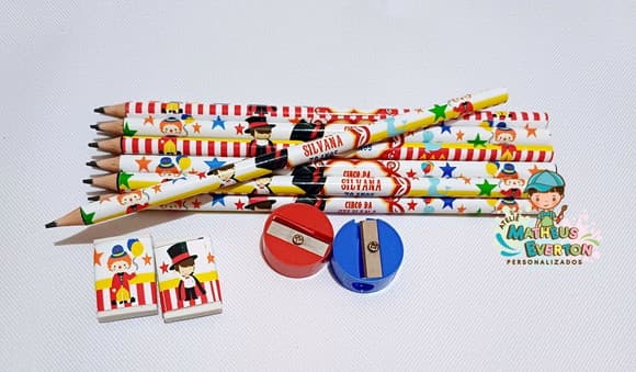 25 Kits Lápis, Borracha e Apontador Personalizado Circo