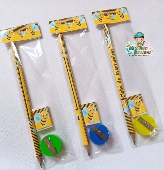 50 Kits Lápis, Borracha e Apontador Personalizado Abelinha