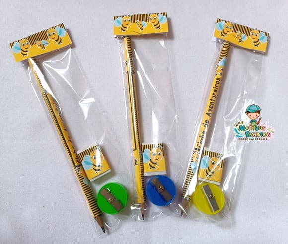 45 Kits Lápis, Borracha e Apontador Personalizado Abelinha