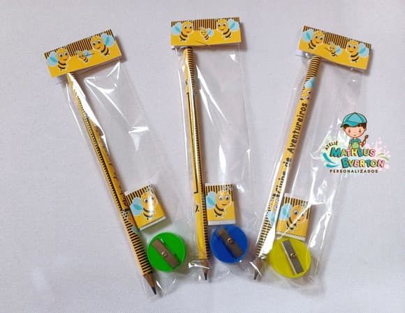 40 Kits Lápis, Borracha e Apontador Personalizado Abelinha