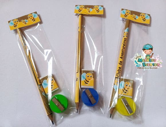 35 Kits Lápis, Borracha e Apontador Personalizado Abelinha