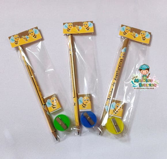 30 Kits Lápis, Borracha e Apontador Personalizado Abelinha