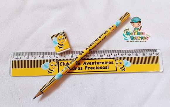 25 Kits Lápis, Régua e Borracha Personalizado Abelinha