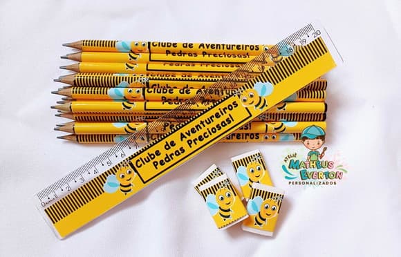 25 Kits Lápis, Régua e Borracha Personalizado Abelinha