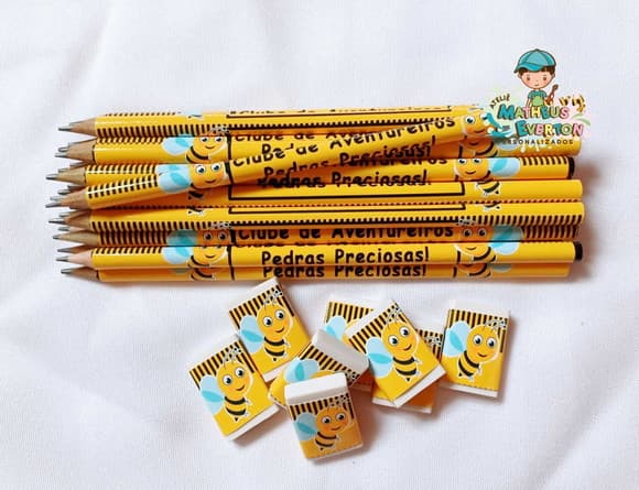45 Kits Lápis e Borracha Personalizado Abelinha