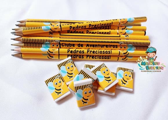 40 Kits Lápis e Borracha Personalizado Abelinha