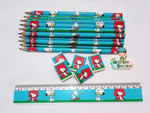 50 Kits Lápis, Régua e Borracha Personalizado Snoopy