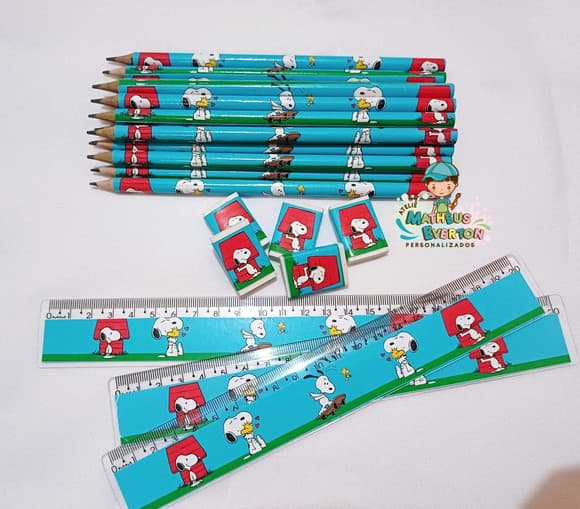 40 Kits Lápis, Régua e Borracha Personalizado Snoopy