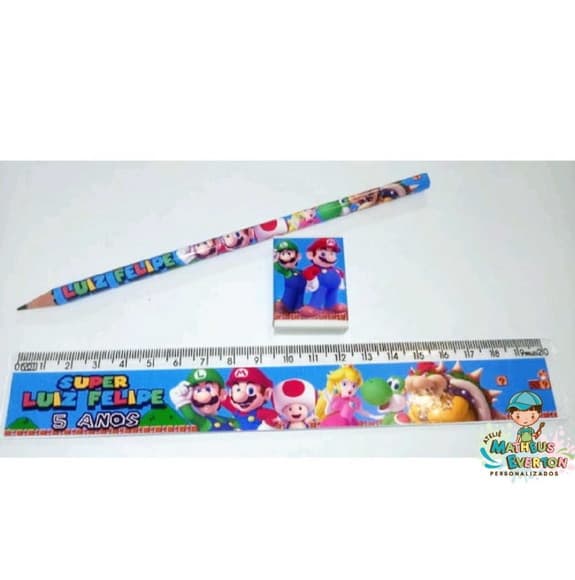 25 Kits Lápis, Réguas e Borrachas Super Mário Bros