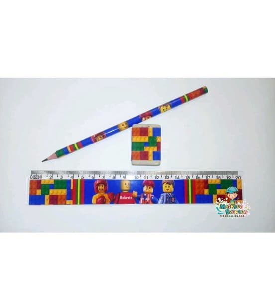 40 Kits Lápis, Régua e Borracha Personalizado Lego