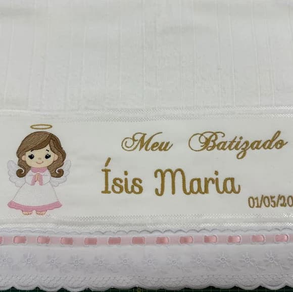 Toalha Personalizada Batizado Anjinha Combordado Inglês