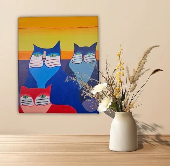 Mini Quadro com Gatinhos Figurativos Pintado a Mão 30x25cm
