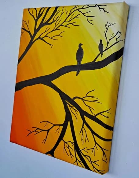Mini Quadro Pássaros em Árvore Morta Pintado a Mão 30x25cm