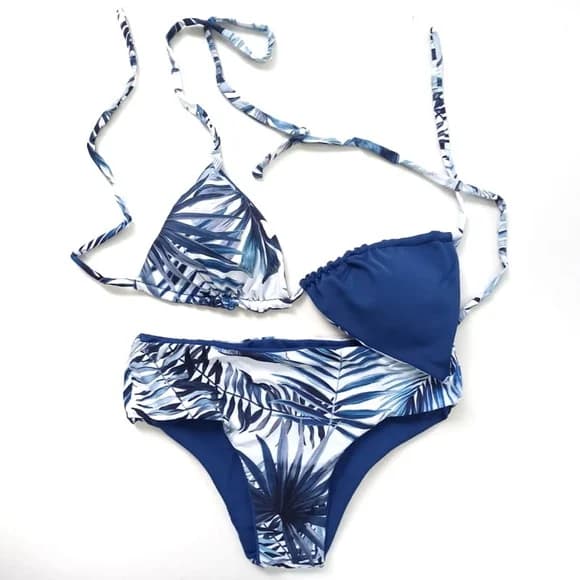 Biquini Dupla Face Cós Médio Folhas Azul Royal