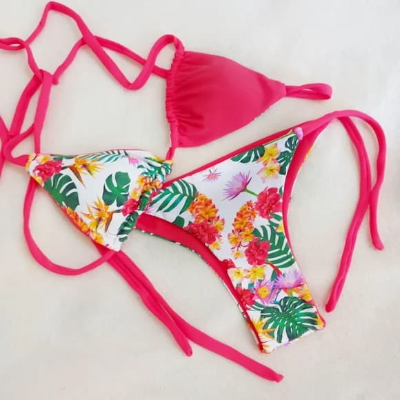 Biquini Cortininha + Lacinho Floral Dupla Face Florensce G