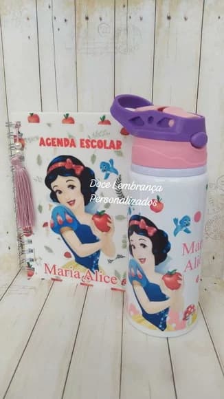 Kit Escolar Branca de Neve Garrafa Kids Agenda Personalizado