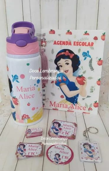 Kit Escolar Branca de Neve Etiqueta Garrafa Kids Agenda