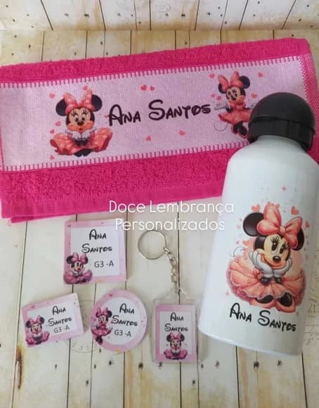 Kit Escolar Etiqueta, Toalhinha, Garrafa, Chaveiro Minnie Ro - foto 1