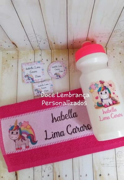Kit Escolar Etiqueta, Toalhinha, Garrafa Unicórnio