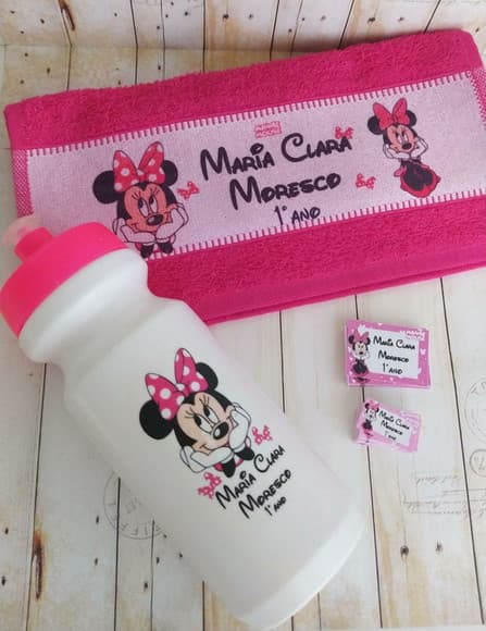 Kit Escolar Etiquetas, Toalhinha, Garrafa Minnie Rosa