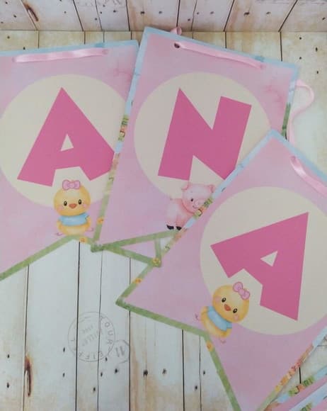 Bandeirola Fazendinha Rosa Aquarela Personalizada