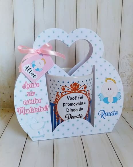 Convite Padrinhos Batismo caneca com suporte personalizado